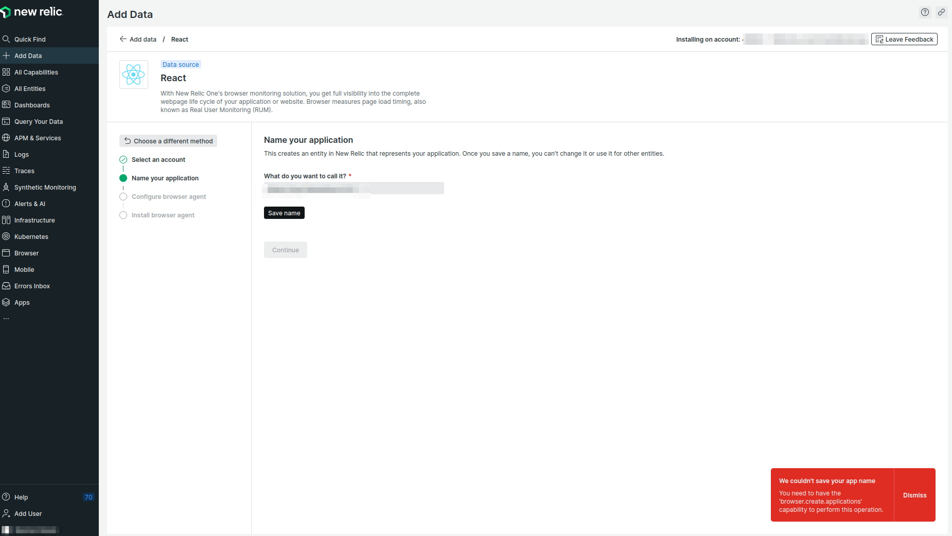 Getting 'browser.create.applications' error when creating a new app