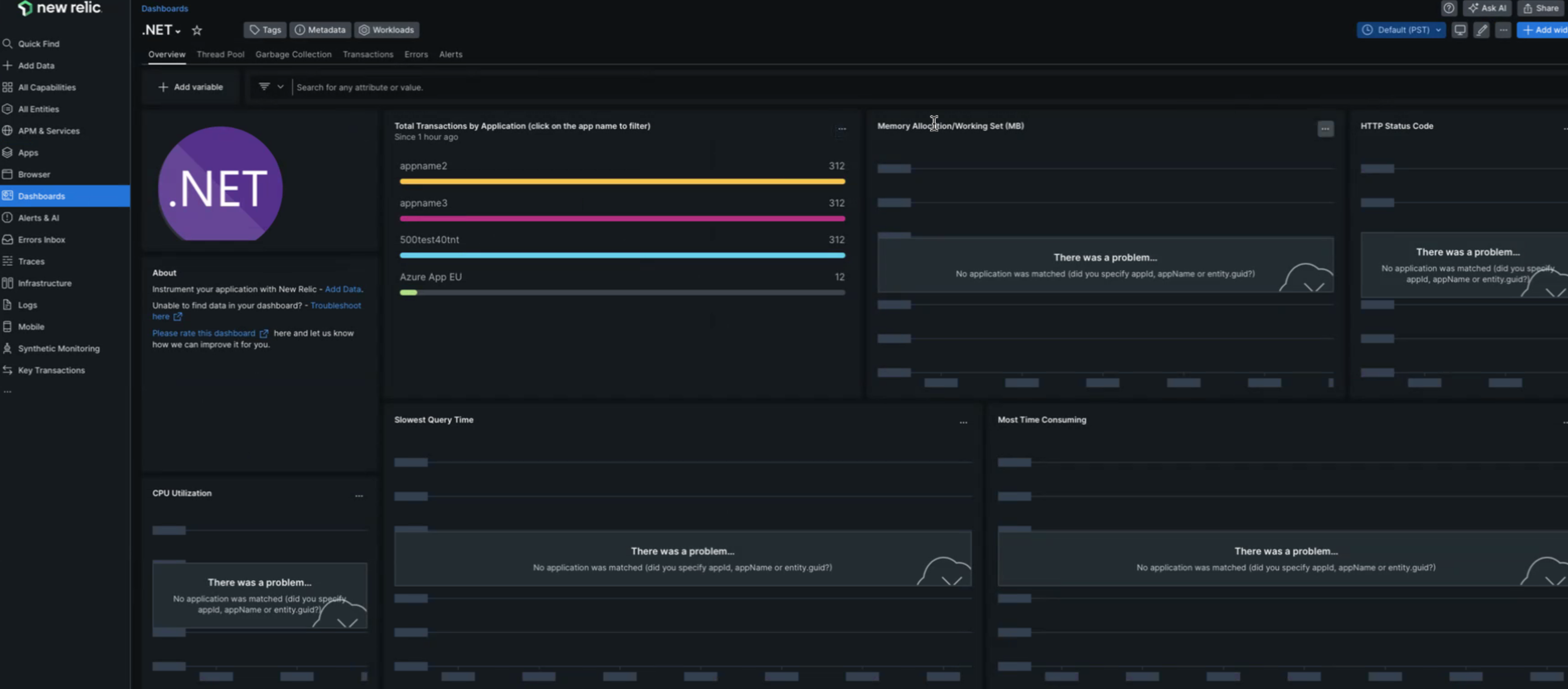 .NET quickstart dashboard errors
