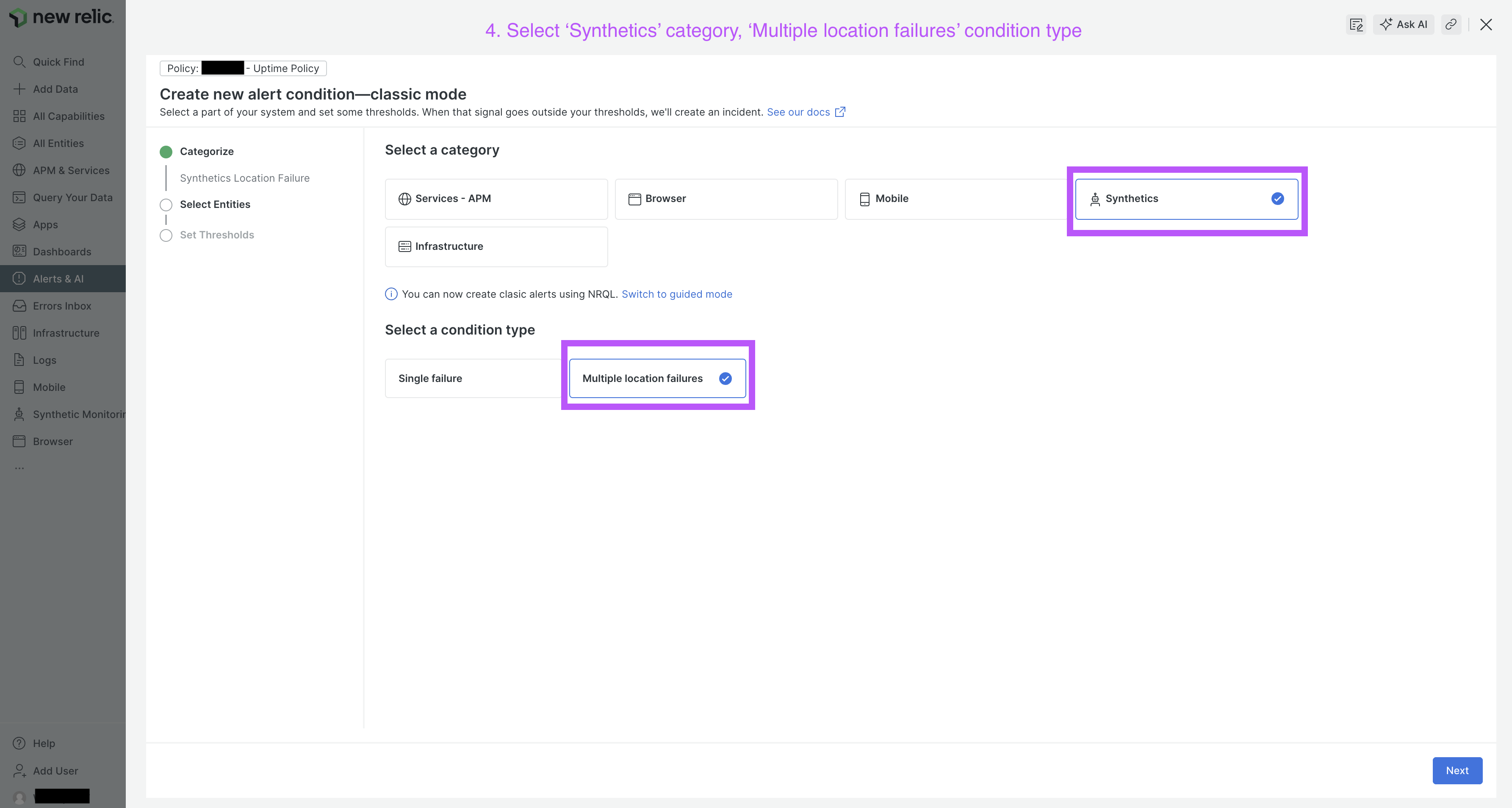 How to create a multi-location synthetic monitor alert condition